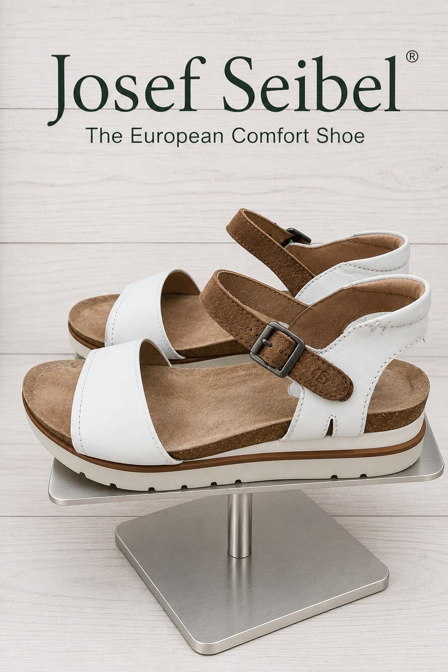 Josef Seibel White and Brown Leather Adjustable Strap Sandals